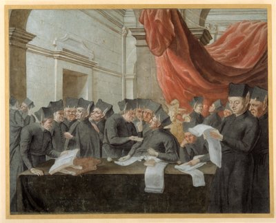 Jesuitter i konklave, krangler om kontoer (penn og blekk med akvarell på papir) av Italian School