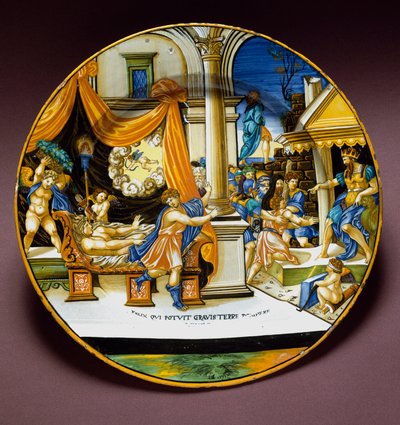 Josef og kona til Putifar Josef flykter fra kona til Putifar (Potifar) og søker å forføre ham. Keramisk plate produsert i Urbino, Italia. 1537 rundt Firenze, Museo Nazionale del Bargello av Italian School