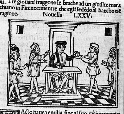 Domsscene i Firenze. Illustrasjon for nyheter 75 (Ny 5 av den åttende dagen) av "Decameron"" av Giovanni Boccaccio dit Jean Boccaccio (1313-1375), italiensk forfatter. Gravering i "" Decamerone ouer Cento nouelle"" Venezia, Bartolomeo de 