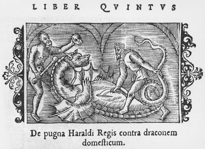 Kong Harald kjemper mot en drage, illustrasjon fra History of the Northern Nations av Olaus Magnus (1490-1558), publisert i Roma, 1555 av Italian School
