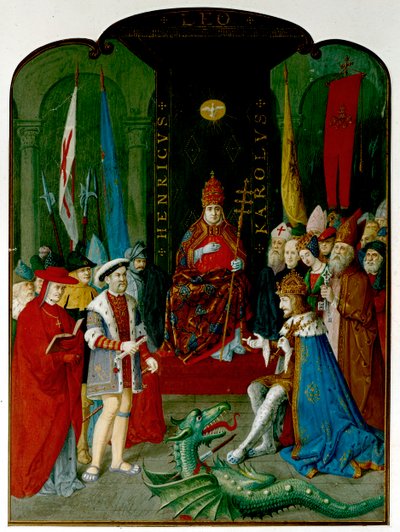 Kong Henrik VIII i tvist med keiser Charles V før pave Leo X. Henry holder en rulle, som kan være oksen fra 1521 som ga ham tittelen 