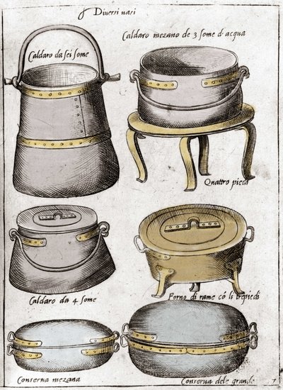 Kjøkkenutstyr: Tallerken som representerer ulike typer gryter, gryter, gryter. Gravering fra "Opera", bok om gastronomi delt i 6 deler, av Bartolomeo Scappi, personlig kokk til pave Pius V. Venezia av Italian School