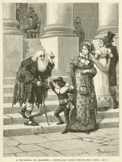 Mazzinis barndom, "Hold ham kjær, o frue, og en som elsker folket" (gravering) av Italian School