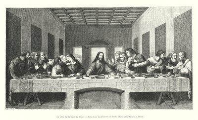 Nattverden av Leonardo da Vinci, refektoriet til klosteret Santa Maria delle Grazie, i Milano (gravering) av Italian School