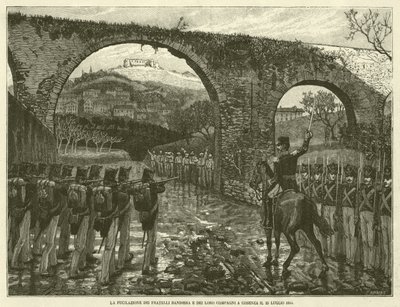 Skytingen av flaggbrødrene og deres følgesvenner i Cosenza 25. juli 1844 (gravering) av Italian School