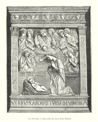 La Nativite, Bas-relieff av Luca della Robbia (gravering) av Italian School