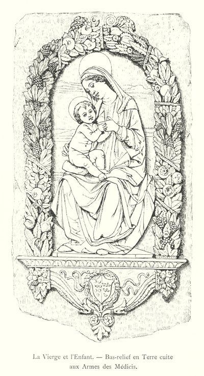 Jomfruen og barnet, Terracotta Bas-relieff med Medici-armene (gravering) av Italian School
