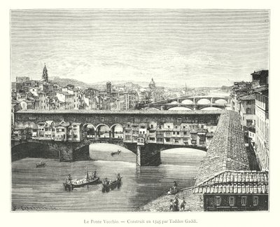 Le Ponte Vecchio, Construit en 1345 av Taddeo Gaddi (gravering) av Italian School