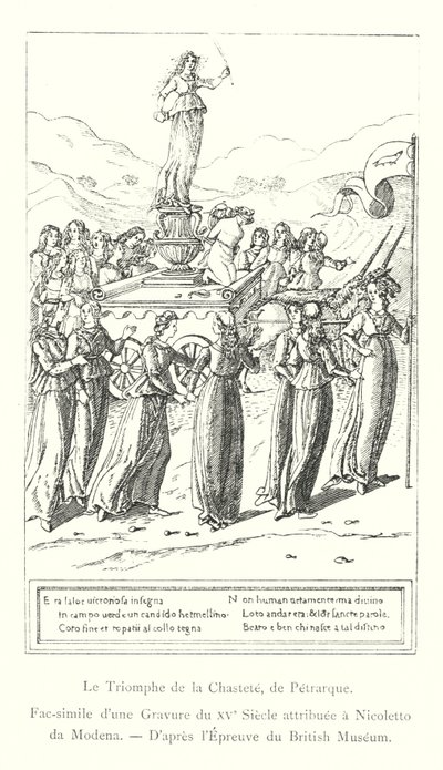 Kyskhetens triumf, av Petrarch, faksimile av en gravering fra 1400-tallet tilskrevet Nicoletto da Modena, etter British Museum Print (gravering) av Italian School