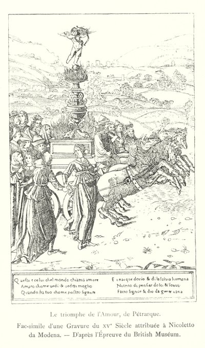 The Triumph of Love, av Petrarch, faksimile av en gravering fra 1400-tallet tilskrevet Nicoletto da Modena, etter British Museum Print (gravering) av Italian School