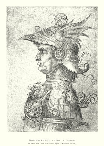 Leonardo da Vinci, Bust of a Warrior, Faksimile of a Silverpoint Drawing, Malcolm Collection (gravering) av Italian School