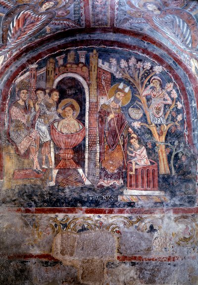 Livet og mirakelet til den hellige Magnus av Anagni og den hellige Johannes martyrdød i kokende olje - freskomaleri av Italian School