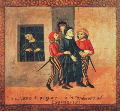 Livet til Antonio di Guiseppe Rinaldeschi - Hentet fra fengselet for å prøves, Florentine School (olje på panel) (detalj) av Italian School
