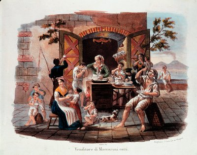 Lille napolitansk metier: en selger av kokte makaroni. I det fjerne vesuen ved Napolibukten. Litografi fra 1800-tallet. Nasjonalmuseet for pasta, Agnesi Foundation, Roma av Italian School