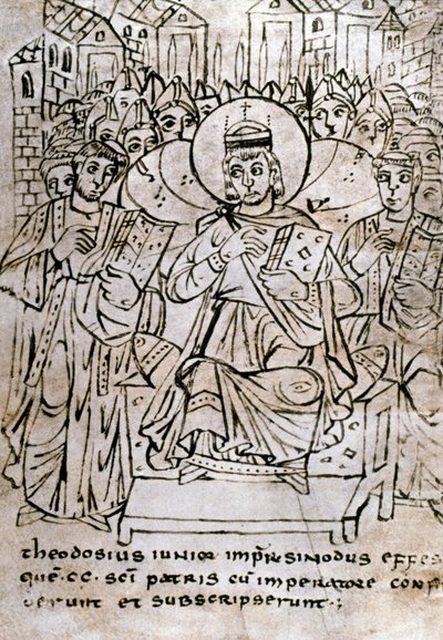 Lombardkunst: "" Keiser Theodosius II (401-450), barnebarn av Theodosius I, ved konsilet i Efesos 22.06.431, fordømmer nestorianismen (av patriarken Nestorius eller Nestorios)"" Tegning med penn på pergament henter fra en traktat om kan av Italian School