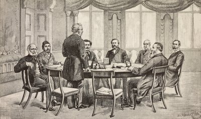 London-konferanse om Egypt, Storbritannia: Grev Munster, Musurus Pasha, Granville (stående), grev Nigra, Waddington, De Staal, Childers, grev Karolyi, gravering fra tegning av Edoardo Ximenes, fra L