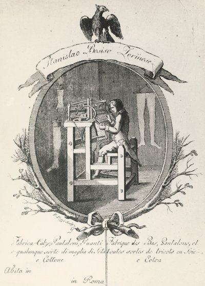 Vevstol for å lage sokker, bukser og hansker, gravering for plakat som reklamerer for Stanislaus Bosiso-selskapet, Italia av Italian School