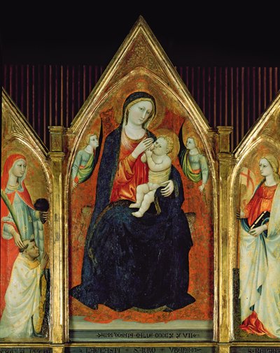 Madonna Nursing the Christ Child med helgener (tempera på tre) (detalj av 254064) av Italian School