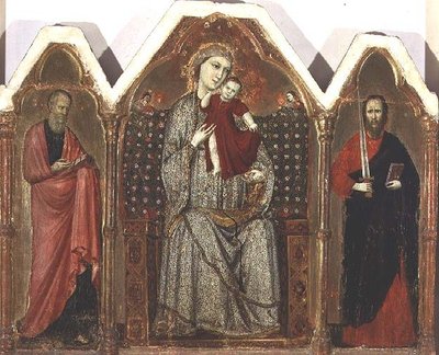 Madonna and Child Enthroned, med SS. Johannes evangelisten og Paulus, Riminese School (triptykpanel) av Italian School