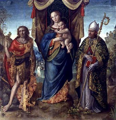 Madonna og barn med helgener (olje på panel) av Italian School