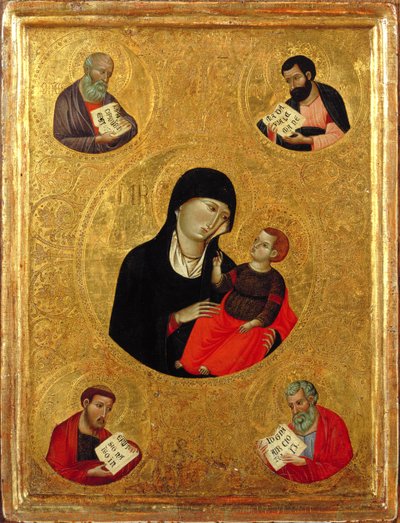 Madonna og barn med de fire evangelistene (tempera og bladgull på panel) av Italian School