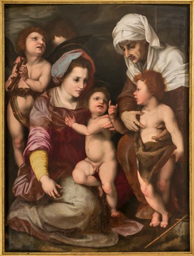 Madonna med Jesusbarnet, St. Elisabeth, Johannesbarnet og to engler, kopi fra Andrea Del Sarto (olje på panel) av Italian School