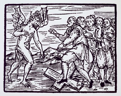 Mannlig heks som forsaker Kristus, kopi av en illustrasjon fra Compendium Maleticarum av Fr M Guaccius, Milano 1608, brukt i History of Magic, utgitt sent på 1800-tallet av Italian School