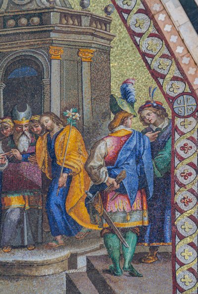 Jomfruens ekteskap, mosaikk, øvre spiss i fasaden til Orvieto-katedralen, Umbria, Italia av Italian School
