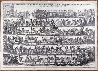 Maskerade: prosesjon og dans av mennesker masker i anledning karneval. Milano 20/02/1764 Gravering fra 1700-tallet av Italian School