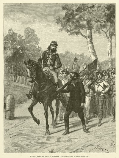 Mazzini, enkel soldat, bar flagget til Gud og mennesker (gravering) av Italian School