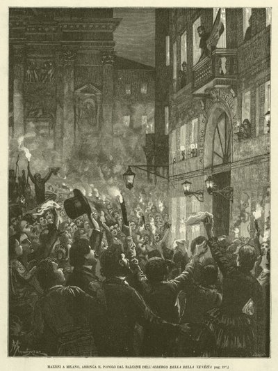 Mazzini i Milano, Arringa folket fra balkongen til Albergo Della Bella Venezia (gravering) av Italian School