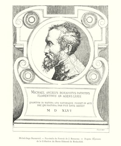 Michel-Ange Buonarotti, faksimile av portrettet av J Bonasone, etter beviset fra samlingen til baron Edmond de Rothschild (gravering) av Italian School