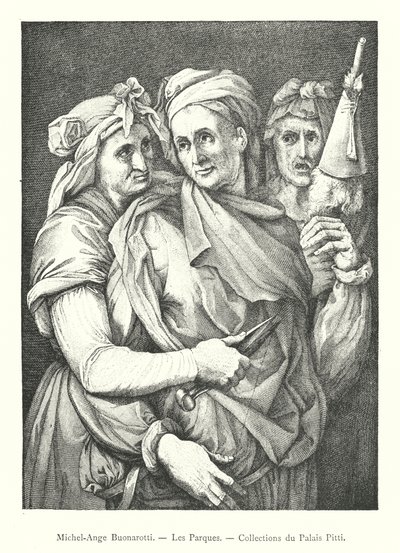 Michelangelo Buonarotti, Parkene, Pitti Palace Collections (gravering) av Italian School