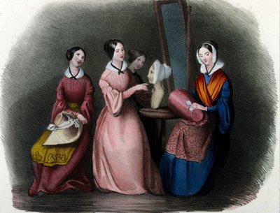Milanese metier: hatter som er laget for unge kvinner. 1830 Locarno gravering. av Italian School