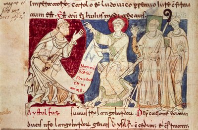 Miniatyr fra Chronicon Vulturnense, opplyst kodeks komponert av munken Iohannes, ca. 1130, Italia av Italian School