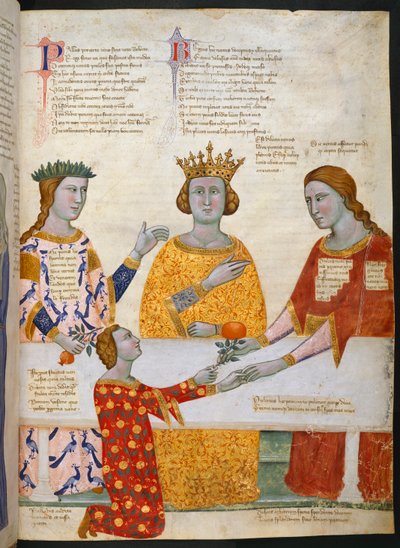 Miniatyr av dommen i Paris, med Pallas Athena, Juno og Venus sittende ved et bord, og Paris som gir en olivengren til Venus, illustrasjon fra 