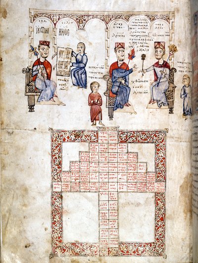 Miniatyrside av ”Ecloga Legum””, juridisk manuskript fra 1175. Karakterene som vises er fra venstre mot høyre Justinian I (482 - 565), Leo I (457-474) og Konstantin I den store (270/288 - 337) . Venezia, bibl. Marciana. av Italian School