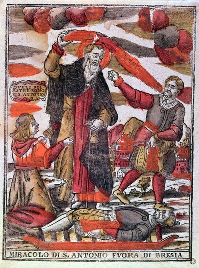 Mirakel av at St. Antonius den store kurerte en forgiftet mann (treblokktrykk i farger) av Italian School
