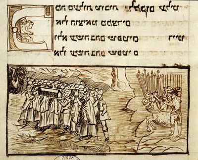 Ms.C.A.2795 Det jødiske folket krysser Rødehavet med den hellige ark etterfulgt av egypterne, fra historien om det jødiske folk av Italian School