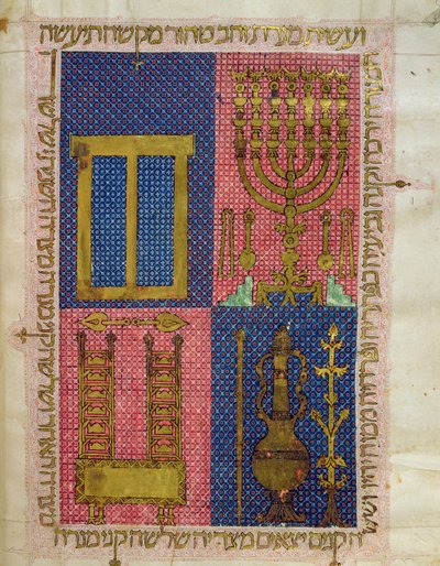 Ms.OR.26 fol.26r Templets instrumenter, fra den hebraiske bibelen (vellum) av Italian School