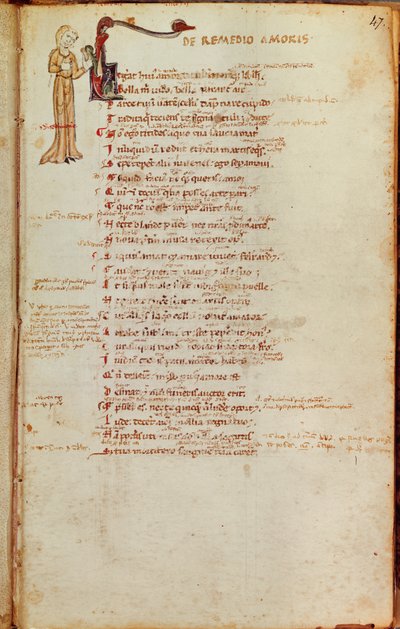 Ms 19 fol.47 Side med tekst med en historisk initial, fra LArt dAimer av Ovid (43-17 f.Kr.) av Italian School