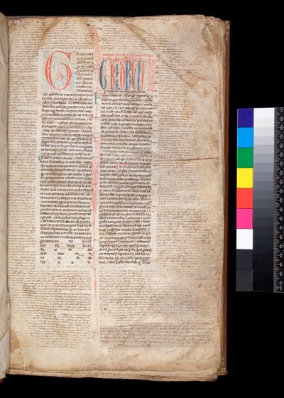 Ms 213. Gregory IX, Decretales with Apparatus av Bernardo Botone fra Parma, F.1r. Initial [G] i rødt med reservert og blå pennarbeidsdekor av Italian School