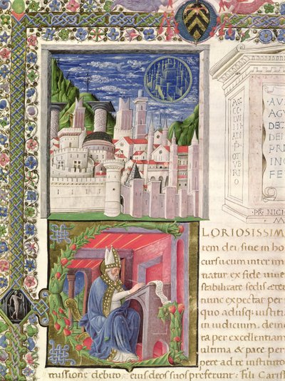 Ms 218 f.2r Utsikt over Roma som Guds by, og St. Augustine-skrift, fra 'De Civitate Dei' av St. Augustine av Hippo (354-430) 1459 (vellum) av Italian School