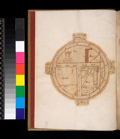 Ms 315. Horace, Ars Poetica og Epistulae, f.1v. TO Kart over verden, med et tårn som representerer Jerusalem av Italian School