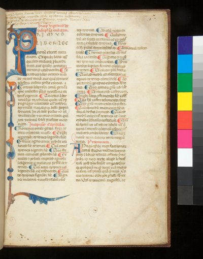 Ms 398. Vegetius, Epitoma rei militaris, f.1r. Dekorert initial [P] som strekker seg for å danne en delvis kant av staver og akantus, Padua?, sent på 1200-tallet (pergament) av Italian School