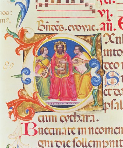 Frk. 559 f.155v Historikert initial O som viser kong David og to engler, fra Psalter of Santa Maria Novella, opplyst av Paolo Soldini (fl.1342-86) 1379 av Italian School