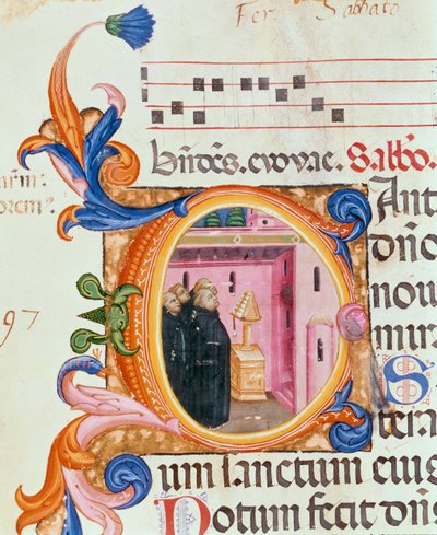 Ms 559 f.176f Historikert initial C som viser munker som ser på en tekst, fra Psalter of Santa Maria Novella, belyst av Paolo Soldini (fl.1342-86) 1379 av Italian School