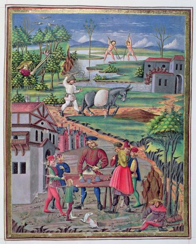 Ms. 'De Sphaera' fol.13r Arbeid og lek på landsbygda av Italian School