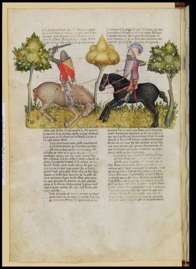 Fr 343 fol.26v Sir Percivals hest blir drept, fra Queste del Saint Graal, ca. 1380-85 av Italian School