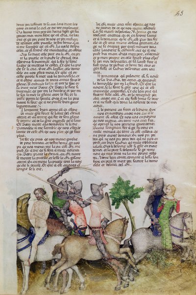 Fr 343 fol.43 En ridder av det runde bordet, Sir Bors, blir tvunget til å velge mellom å redde sin bror Lionel eller redde en jente fra Queste del Saint Graal, ca. 1380-85 av Italian School